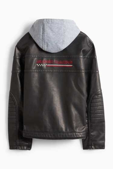 Bambini - Racing - giacca stile motociclista con cappuccio - similpelle - nero
