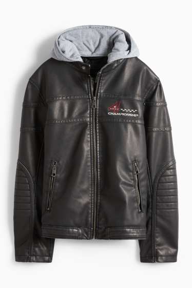 Bambini - Racing - giacca stile motociclista con cappuccio - similpelle - nero