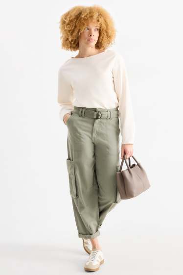 Dona - Pantalons cargo amb cinturó - high waist - tapered fit - verd clar