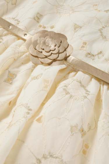 Kinder Mädchen - Blume - Kleid mit Gürtel - Glanz-Effekt - festlich - cremeweiss