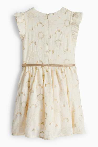 Kinder Mädchen - Blume - Kleid mit Gürtel - Glanz-Effekt - festlich - cremeweiss