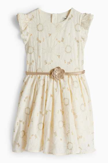 Kinder Mädchen - Blume - Kleid mit Gürtel - Glanz-Effekt - festlich - cremeweiss