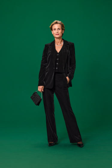 Damen - Samt-Longblazer - Regular Fit - schwarz