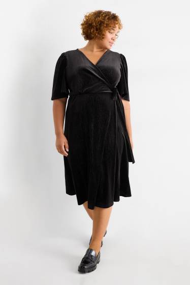 Damen - Samt-Wickelkleid - Straight Fit - schwarz