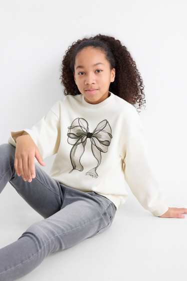 Kinder Mädchen - Schleife - Sweatshirt mit Strasssteinen - cremeweiß