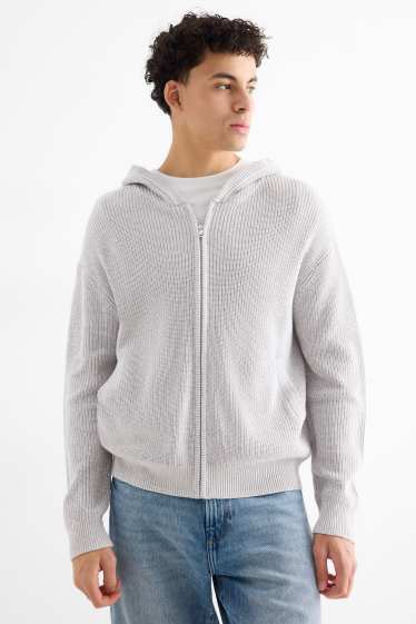 Uomo - Cardigan con cappuccio - a coste - grigio chiaro