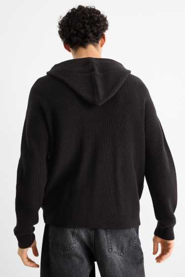Uomo - Cardigan con cappuccio - a coste - nero