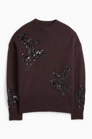 Dámské - Svetr - s lesklými aplikacemi - tmavohnědá