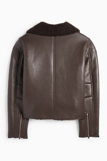 Dámské - Bunda s umělou ovčí vlnou - imitace kůže - tmavohnědá