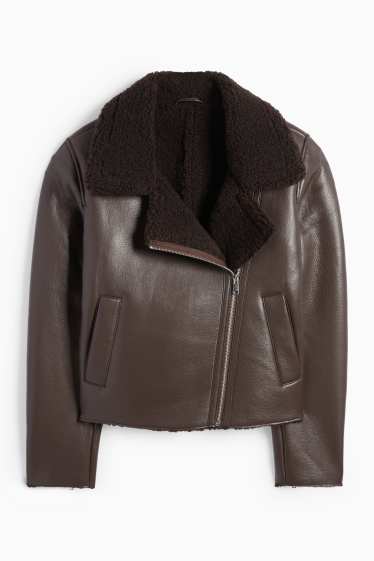 Dámské - Bunda s umělou ovčí vlnou - imitace kůže - tmavohnědá