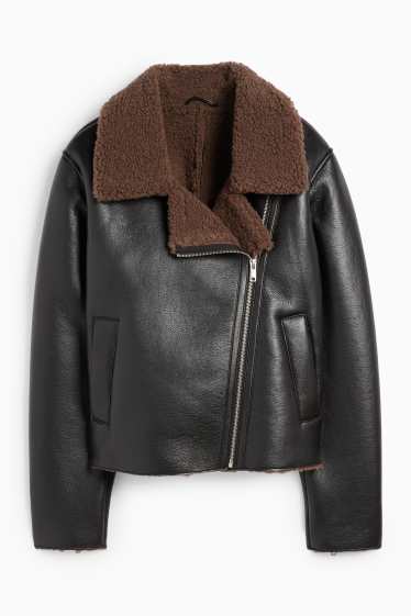 Women - Faux shearling jacket - faux leather - black