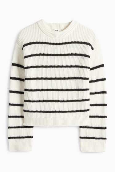 Kinder Mädchen - Pullover - gerippt - gestreift - weiß / schwarz