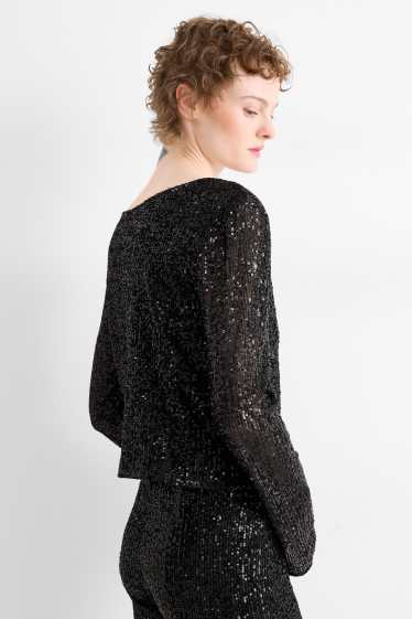 Women - Cropped long sleeve sequin top - slim fit - black