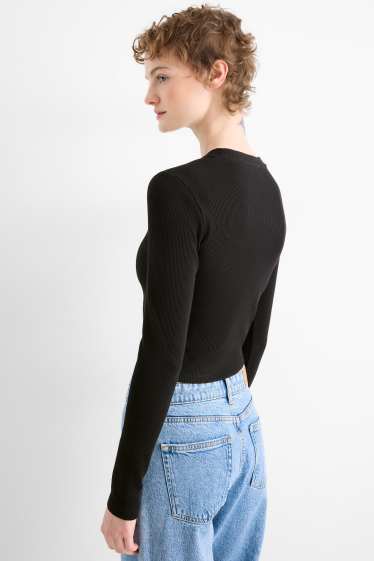 Damen - Crop Langarmshirt - Slim Fit - gerippt - schwarz