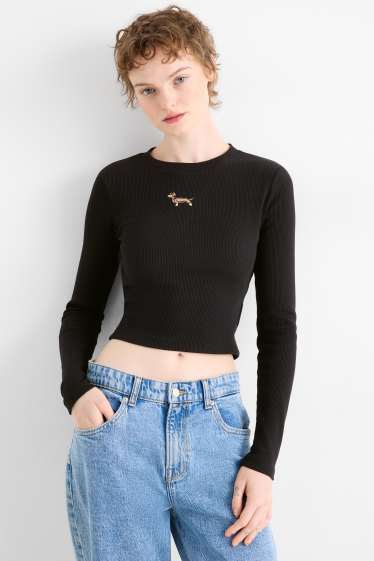Damen - Crop Langarmshirt - Slim Fit - gerippt - schwarz