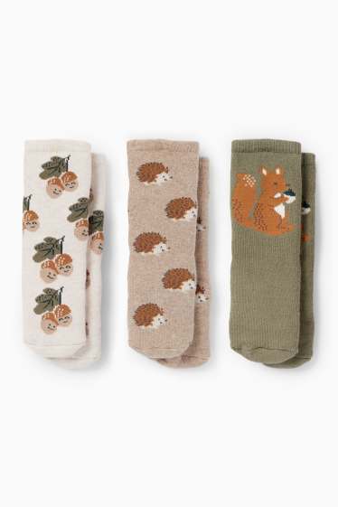 Baby Buben - Multipack 3er - Wald - Baby-Anti-Rutsch-Socken mit Motiv - grün / beige