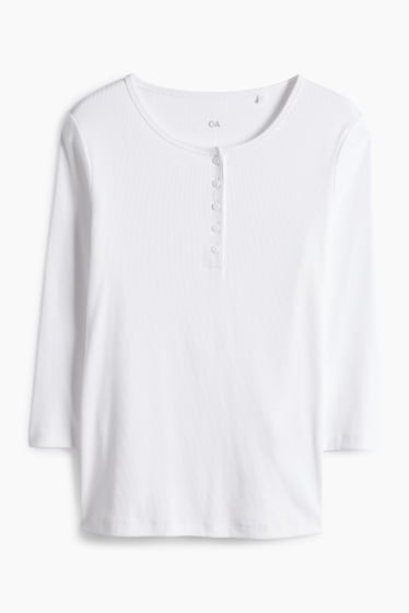 Dámské - Tričko basic ve stylu henley - slim fit - žebrované - bílá