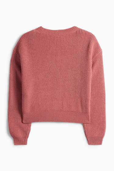 Women - Cardigan - ribbed - dark rose