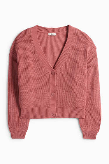 Women - Cardigan - ribbed - dark rose
