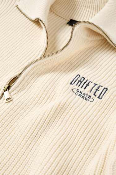 Pánské - Pletený kardigan - žebrovaný - krémově bílá