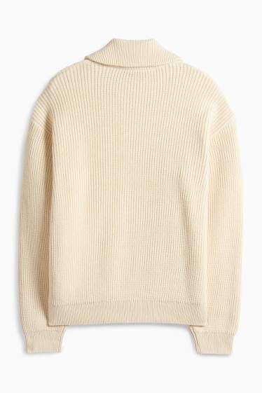 Pánské - Pletený kardigan - žebrovaný - krémově bílá