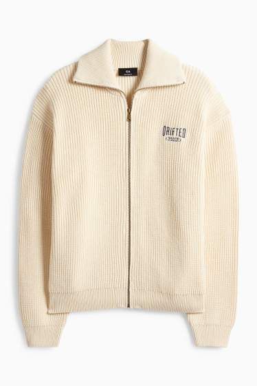 Pánské - Pletený kardigan - žebrovaný - krémově bílá