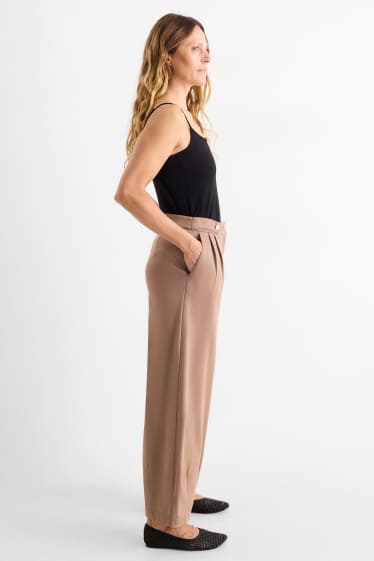 Dámské - Žerzejové kalhoty - high waist - barrel leg - světle hnědá