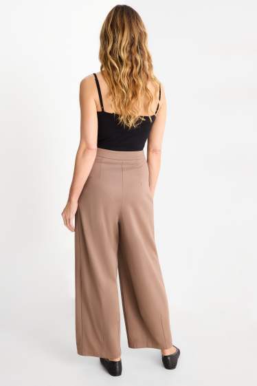 Dámské - Žerzejové kalhoty - high waist - barrel leg - světle hnědá