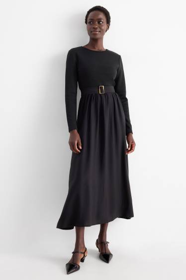 Dames - Fit & flare-jurk met ceintuur - zwart