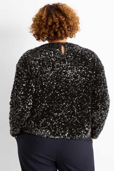 Damen - Pailletten-Langarmshirt - Regular Fit - schwarz
