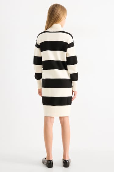 Kinder Mädchen - Strickkleid - gestreift - weiss / schwarz