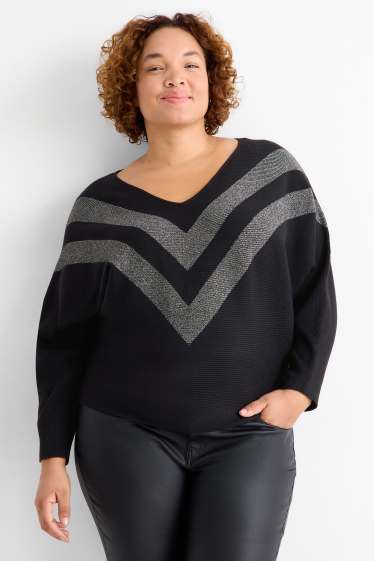 Damen - Pullover mit V-Ausschnitt - gerippt - schwarz