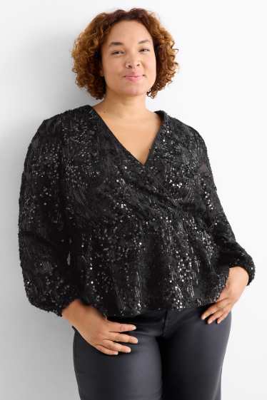 Damen - Chiffon-Pailletten-Bluse - schwarz