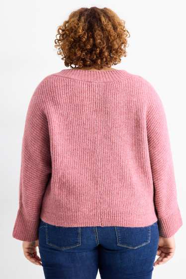 Damen - Pullover mit V-Ausschnitt - gerippt - rosa