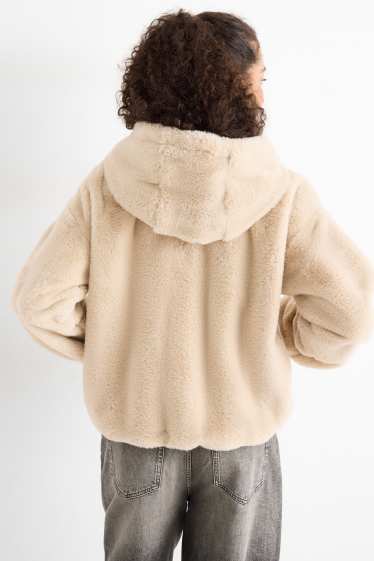 Damen - Kunstfelljacke mit Kapuze - beige