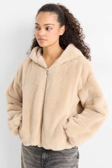 Damen - Kunstfelljacke mit Kapuze - beige