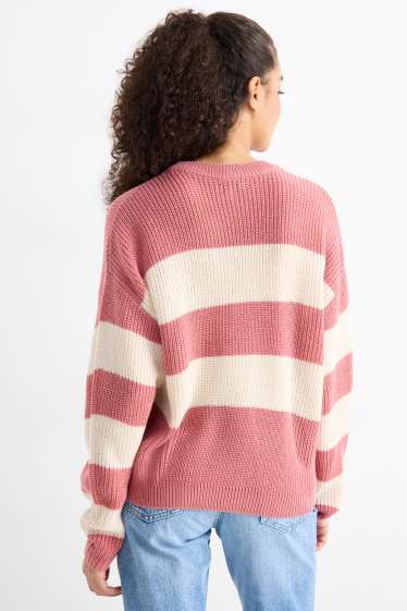 Damen - Pullover - gerippt - gestreift - rosa / beige