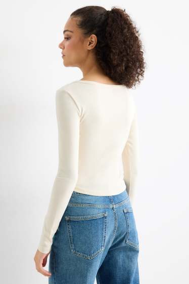 Dámské - Krátké tričko ve stylu henley - slim fit - žebrované - krémově bílá