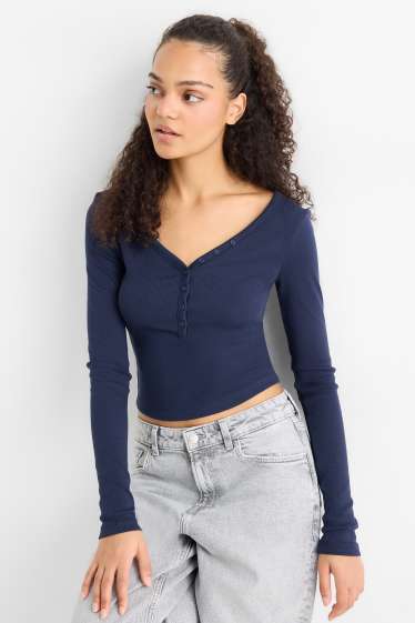 Damen - Crop Henley-Shirt - Slim Fit - gerippt - dunkelblau