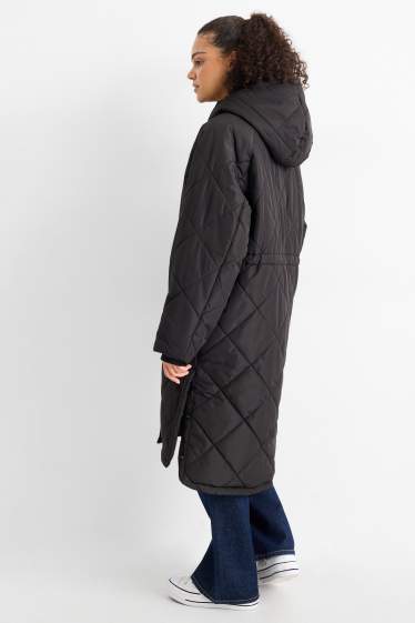 Women - Quilted coat with hood - black