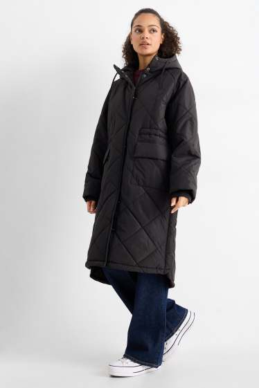 Women - Quilted coat with hood - black