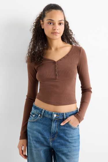 Damen - Crop Henley-Shirt - Slim Fit - gerippt - dunkelbraun