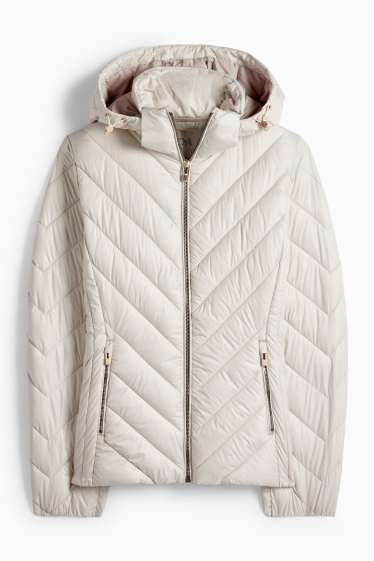 Dámské - Prošívaná bunda s kapucí - světle šedá