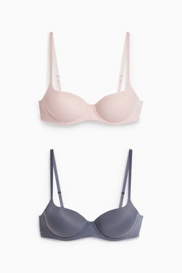 Dames - Set van 2 - BH met beugels - FULL COVERAGE - voorgevormd - roze / blauw