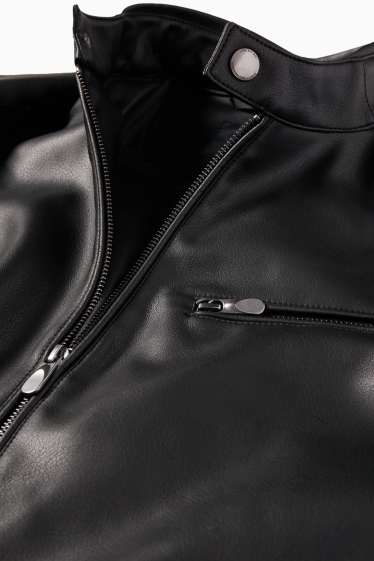 Pánské - Motorkářská bunda - imitace kůže - černá