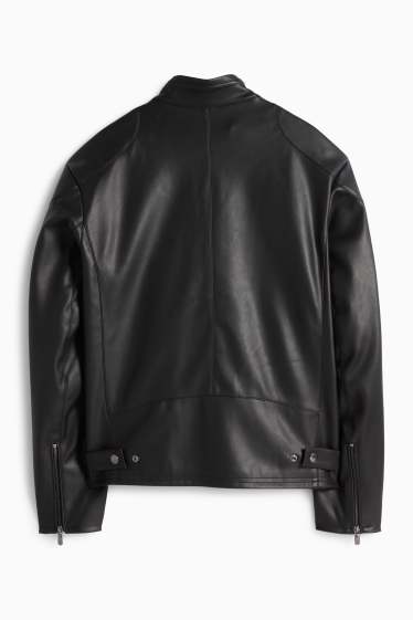 Pánské - Motorkářská bunda - imitace kůže - černá