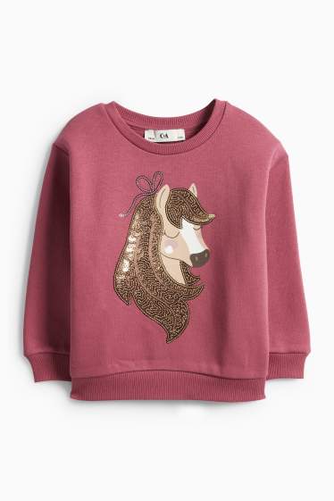 Děti - dívky - Kůň - mikina - s lesklou aplikací - tmavě růžová