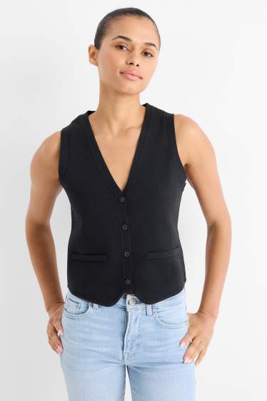 Women - Knitted waistcoat - ribbed - black