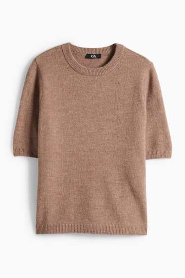 Dámské - Pletený svetr - s krátkým rukávem - světle hnědá