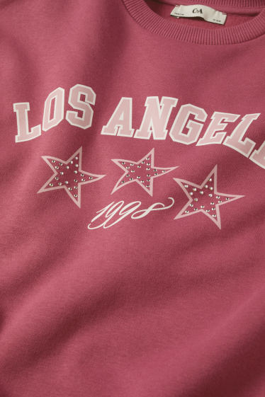Děti - dívky - Los Angeles - mikina se štrasovými kamínky - tmavě růžová